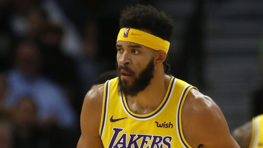 Los Angeles Lakers' JaVale McGee plays against the Minnesota Timberwolves in the first half of an NBA basketball game Monday, Oct. 29, 2018, in Minneapolis. (AP Photo/Jim Mone)