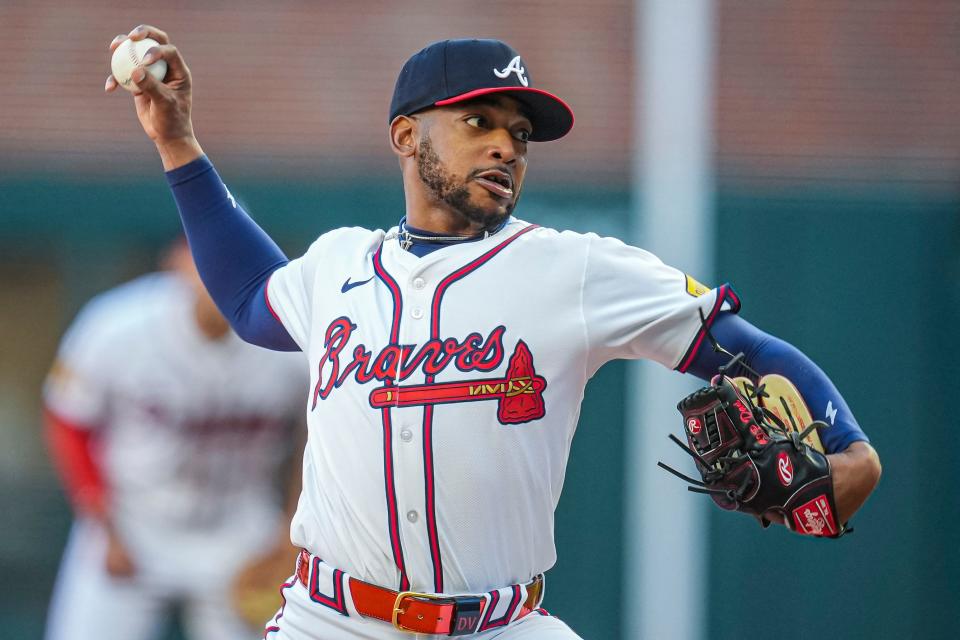 St. Bonaventure High graduate Darius Vines throws a pitch during the Atlanta Braves' game against the Texas Rangers on Sunday, April 21, 2024.
