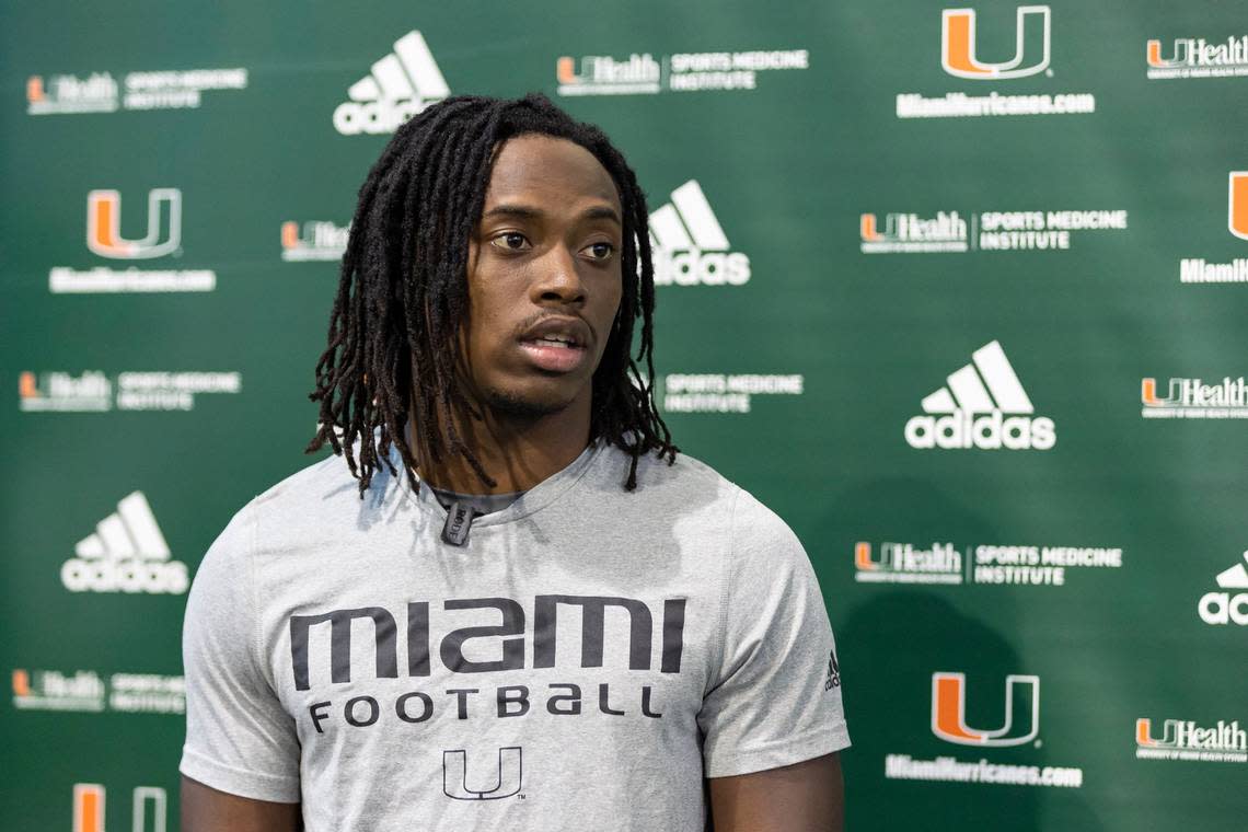 Miami Hurricanes wide receiver Nathaniel Joseph talks to reporters after participating in a spring football practice session at the University of Miami’s Greentree Field on Tuesday, April 11, 2023, in Coral Gables, Fla.