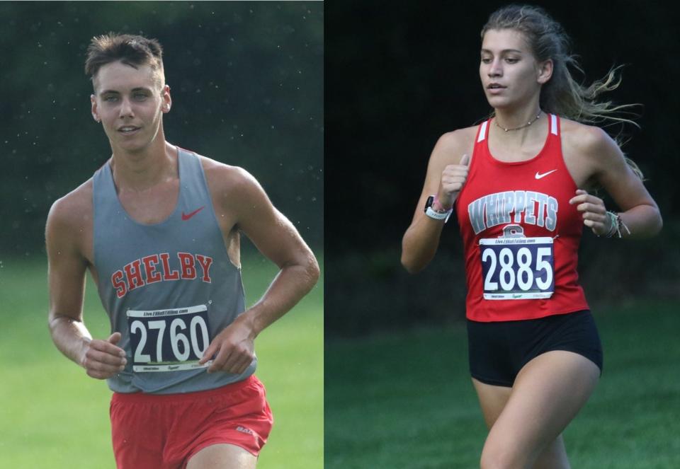Shelby's Huck Finnegan (left) and Kayla Gonzales (right) won the third Richland County Cross Country Invitational titles of their careers on Monday at Madison High School.