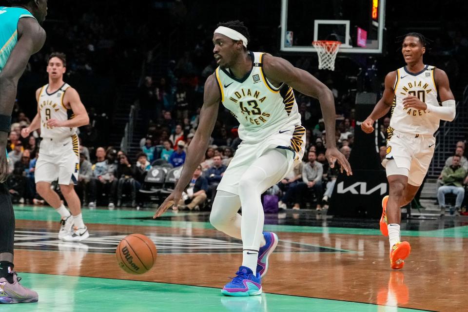 Indiana Pacers forward Pascal Siakam (43) brings the ball up court against the Charlotte Hornets at Spectrum Center.