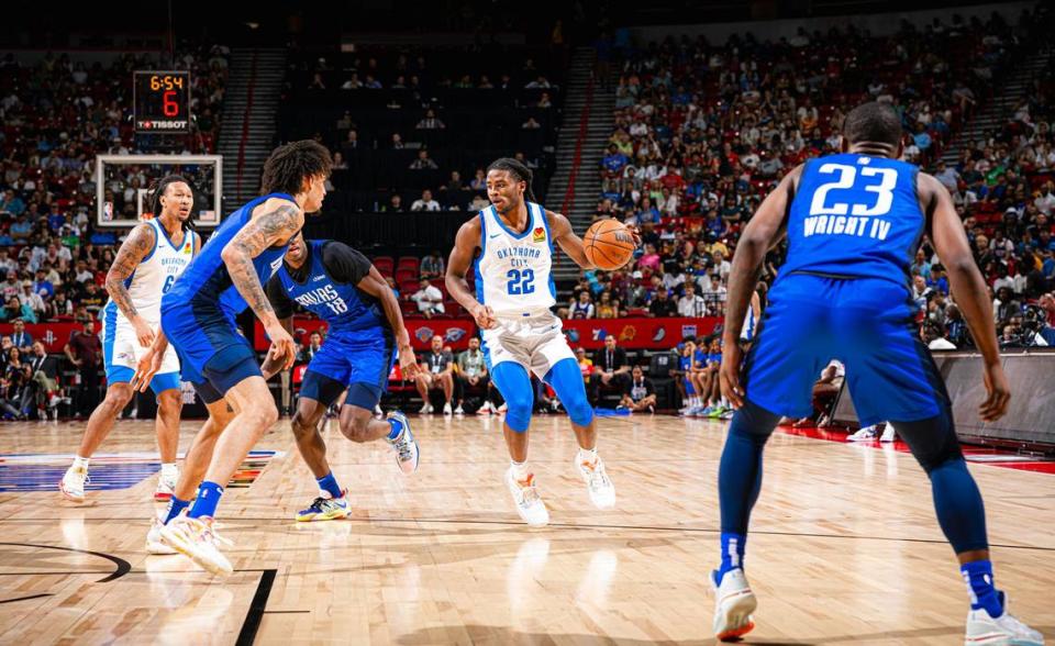 Cason Wallace (22) scored 20 points in his NBA Summer League debut for the Oklahoma City Thunder on Saturday.