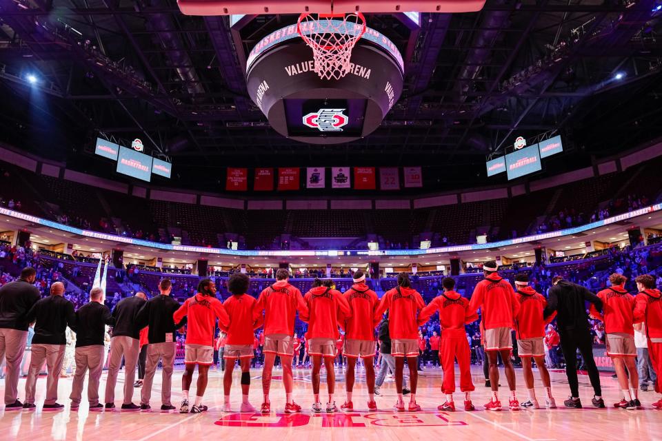 Dec 6, 2023; Columbus, OH, USA; The Ohio State Buckeyes stand for the National Anthem prior to the NCAA men’s basketball game against the Miami Redhawks at Value City Arena.