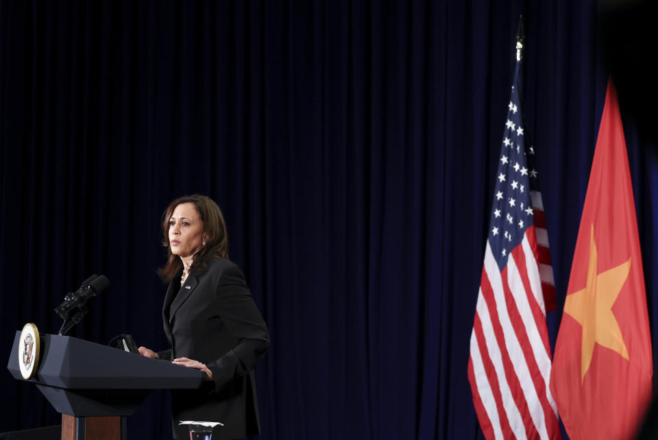 U.S. Vice President Kamala Harris holds a news conference before departing Vietnam for the United States following her first official visit to Asia, in Hanoi, Vietnam, Thursday, Aug. 26, 2021. (Evelyn Hockstein/Pool Photo via AP)