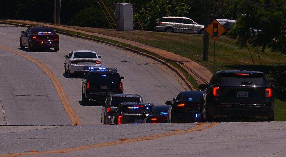 A police escort processional left Spartanburg Regional Hospital with the body of Deputy Austin Derek Aldridge, Wednesday, June 22, 2022. Deputy Aldridge, who was an organ donor, died Tuesday night from injuries sustained in a shooting on Chaffee Road in Spartanburg Tuesday afternoon. 