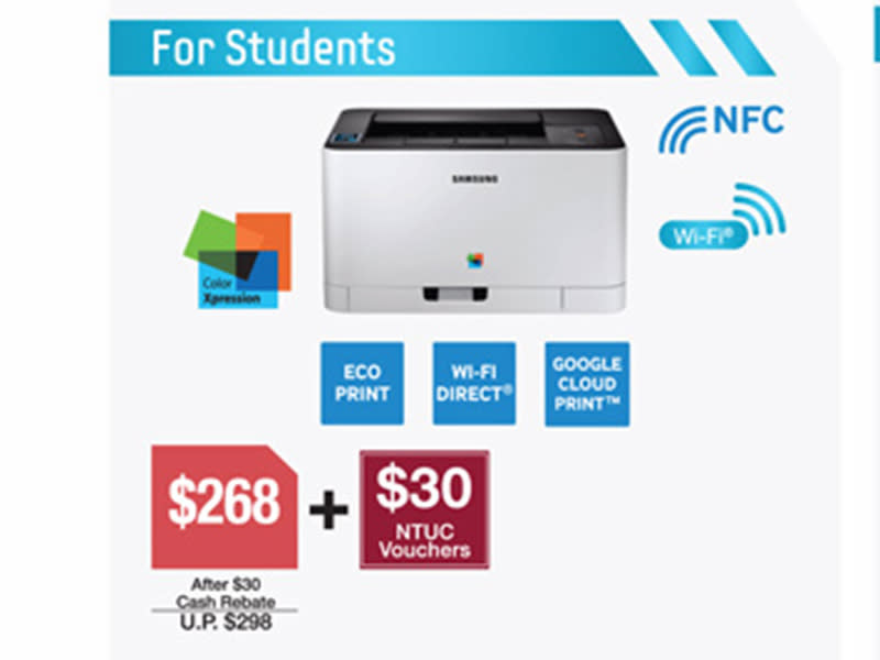 Looking for a printer for the home? Check out the Xpress C430W, a color laser printer that features network printing and NFC, which means you can literally tap to print. It features eco-friendly power saving features, a high toner yield of up to 1,500 pages. This is going for just $268, and you’ll get $30 of FairPrice vouchers, and a 32GB Samsung MicroSD card.