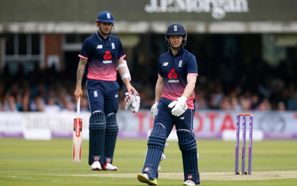 Alex Hales watches Eoin Morgan depart - Credit: Action Images via Reuters 