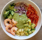 <p>Prawns with avocado, pasta, tomatoes, cucumbers and red onion [Photo: Instagram/culinarybites] </p>