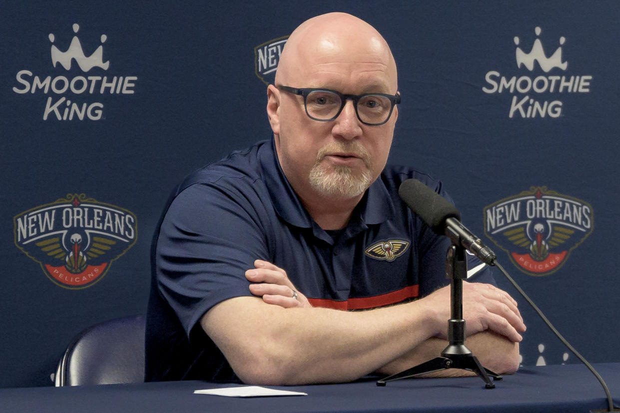 David Griffin, executive vice president of basketball operations, speaks during the NBA Pelicans basketball media day in New Orleans, Monday, Sept. 26, 2022. (AP Photo/Matthew Hinton)