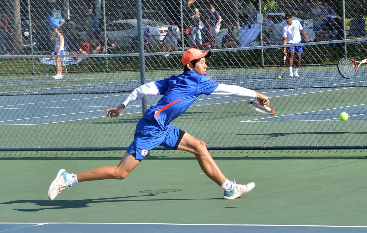 Boonsboro sophomore Hunter Liao plays in the 2023 Maryland Class 1A boys singles final at Baker Park in Frederick.