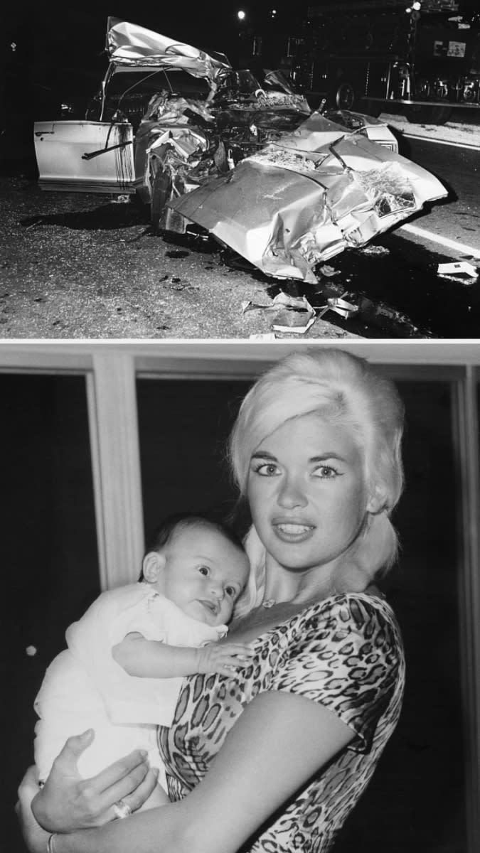 Top: A severely damaged vehicle after an accident. Bottom: Jayne Mansfield holding her infant child
