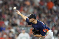 Houston Astros starting pitcher Jake Odorizzi throws during the fifth inning of a baseball game against the Seattle Mariners Sunday, July 31, 2022, in Houston. (AP Photo/David J. Phillip)