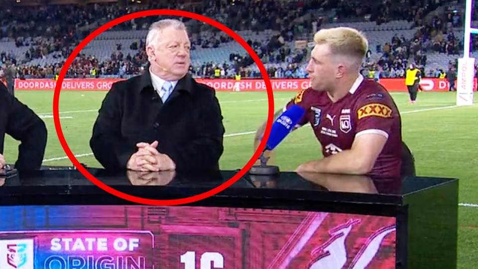 Cameron Munster (pictured right) talking to Gus Gould (pictured left) during a Channel Nine interview after State of Origin.