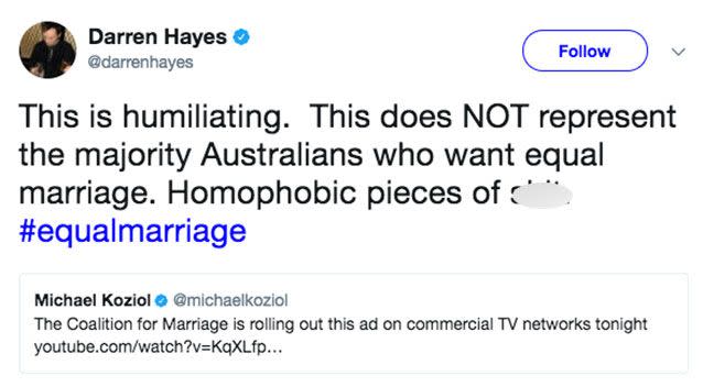 Pop singer Darren Hayes has slammed the ad. Source: Twitter/ DarrenHayes