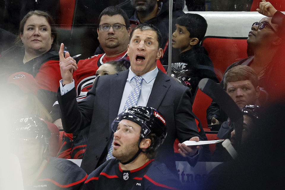 Carolina Hurricanes head coach Rod Brind'Amour reacts to the lack of a call during the first period of an NHL hockey game against the Montreal Canadiens in Raleigh, N.C., Thursday, March 7, 2024. (AP Photo/Karl B DeBlaker)