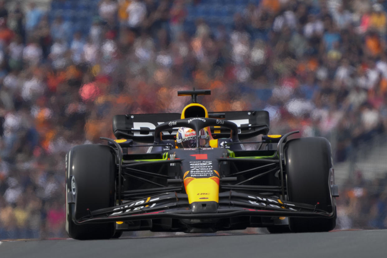 Dutch Formula One driver Max Verstappen of Red Bull Racing steers his car during the first practice session ahead of Sunday's Formula One Dutch Grand Prix auto race, at the Zandvoort racetrack, in Zandvoort, Netherlands, Friday, Aug. 25, 2023. (AP Photo/Peter Dejong)