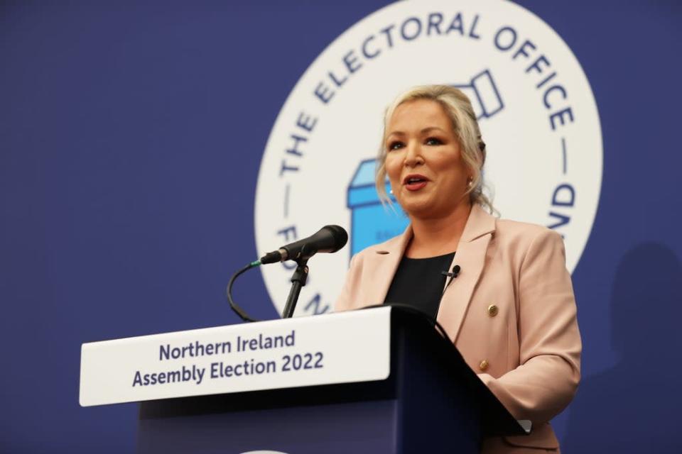 Sinn Fein vice-president Michelle O&#x002019;Neill makes a victory speech at the Northern Ireland Assembly Election count centre at Meadowbank Sports arena in Magherafelt in Co County Londonderry (Liam McBurney/PA) (PA Wire)