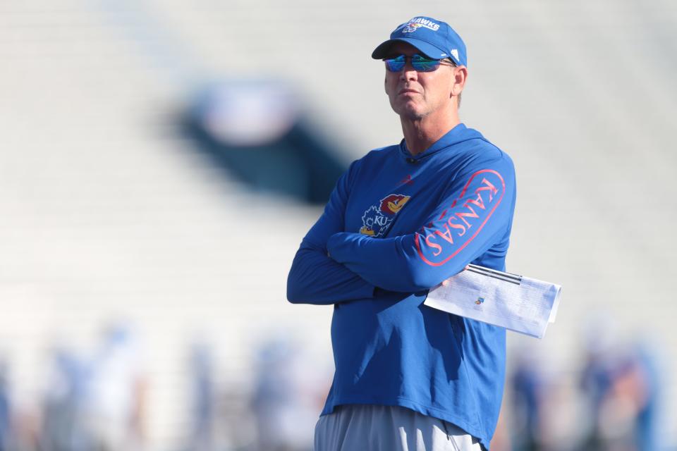 Kansas coach Lance Leipold surveys his players during Saturday's public practice at David Booth Kansas Memorial Stadium