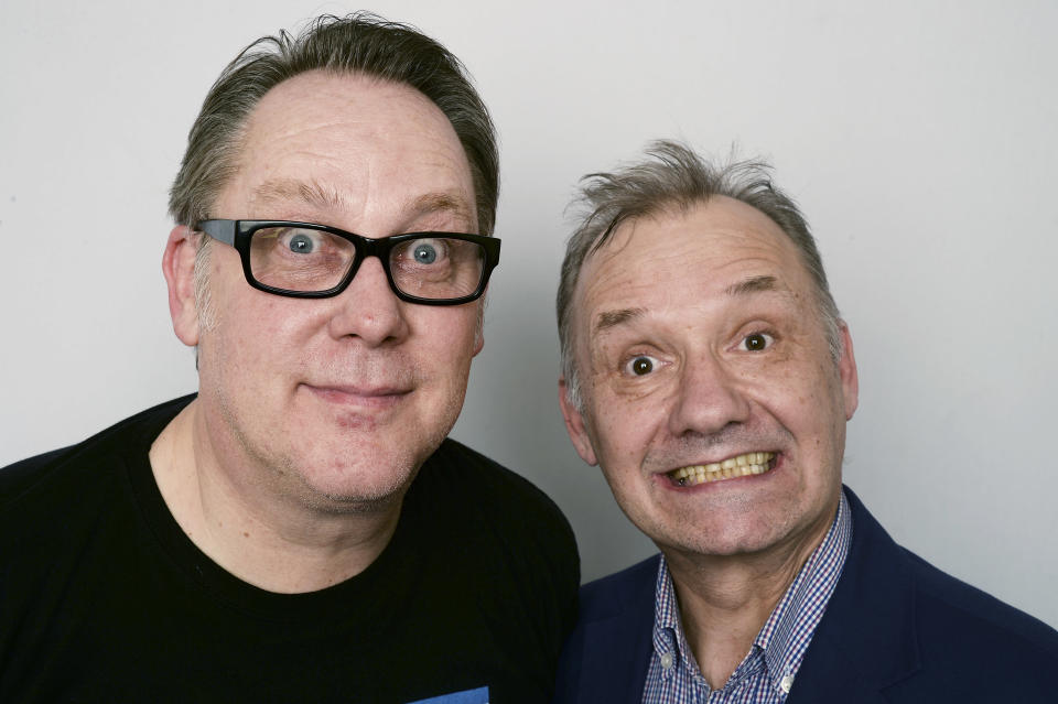 EASTBOURNE, ENGLAND - JANUARY 29:  Vic Reeves (L) and Bob Mortimer pose for a photo after performing their new live stage show 