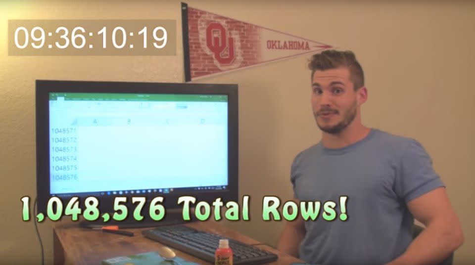 It took nine hours and 36 minutes to get to the bottom of 1,048,576 rows in Excel. Source: YouTube