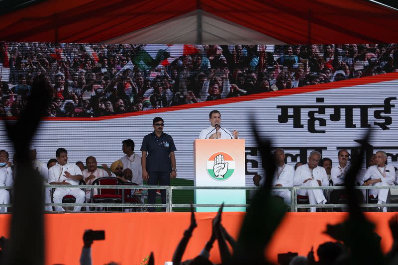 India's main opposition Congress Party's leader Rahul Gandhi speaks to the crowd at a rally against inflation, at Ramlila Ground, in New Delhi
