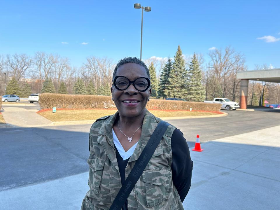 Felicia Hogan, 58, of Detroit, stands outside Greater Grace Temple in Detroit on Feb. 27, 2024 after she said she cast her ballot in the Democratic presidential primary for President Joe Biden.
