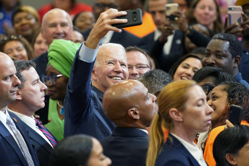 President Joe Biden greets members of the audience after speaking during a visit to a mobile COVID-19 vaccination unit at the Green Road Community Center in Raleigh, N.C., Thursday, June 24, 2021. (AP Photo/Susan Walsh)