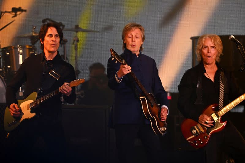 Paul McCartney performs on the Pyramid stage at Worthy Farm in Somerset during the Glastonbury Festival