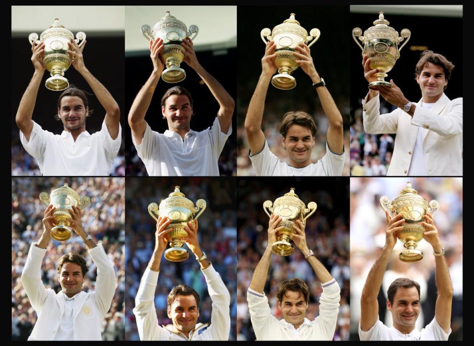 In this composite image , Roger Federer holds up the trophy for each of his eight singles Wimbledon titles (Getty Images)