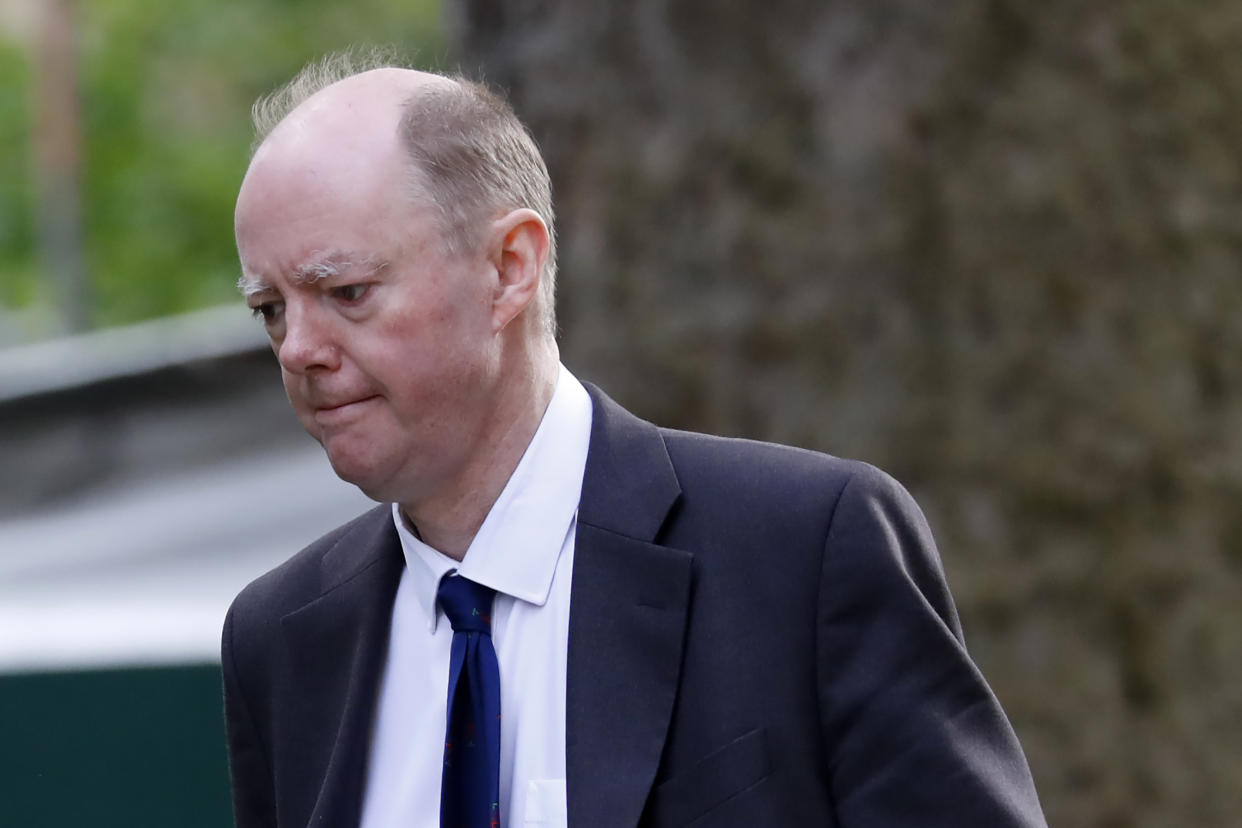 Chief Medical Officer Chris Whitty arrives in Downing Street in central London on May 1, 2020 for the daily novel coronavirus COVID-19 briefing. - Britain is "past the peak" of its coronavirus outbreak, Prime Minister Boris Johnson said Thursday, despite recording another 674 deaths in the last 24 hours, taking the toll to 26,711. (Photo by Tolga AKMEN / AFP) (Photo by TOLGA AKMEN/AFP via Getty Images)