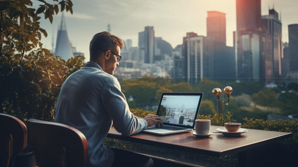 A freelancer typing at a laptop, coffee in hand, at an outdoor cafe with a view of the city skyline.