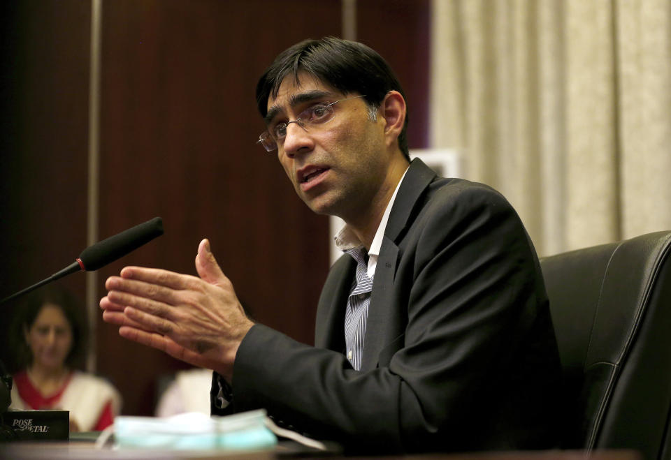 Pakistan's National Security Advisor Moeed Yusuf gives a news conference, in Islamabad, Pakistan, Wednesday, Sept. 15, 2021. Yusuf said Wednesday that he hoped the new Taliban government will not allow any militant group, including Tehrik-e-Taliban Pakistan, to use the Afghan soil for attacks against Pakistan or any other country. (AP Photo/Anjum Naveed)