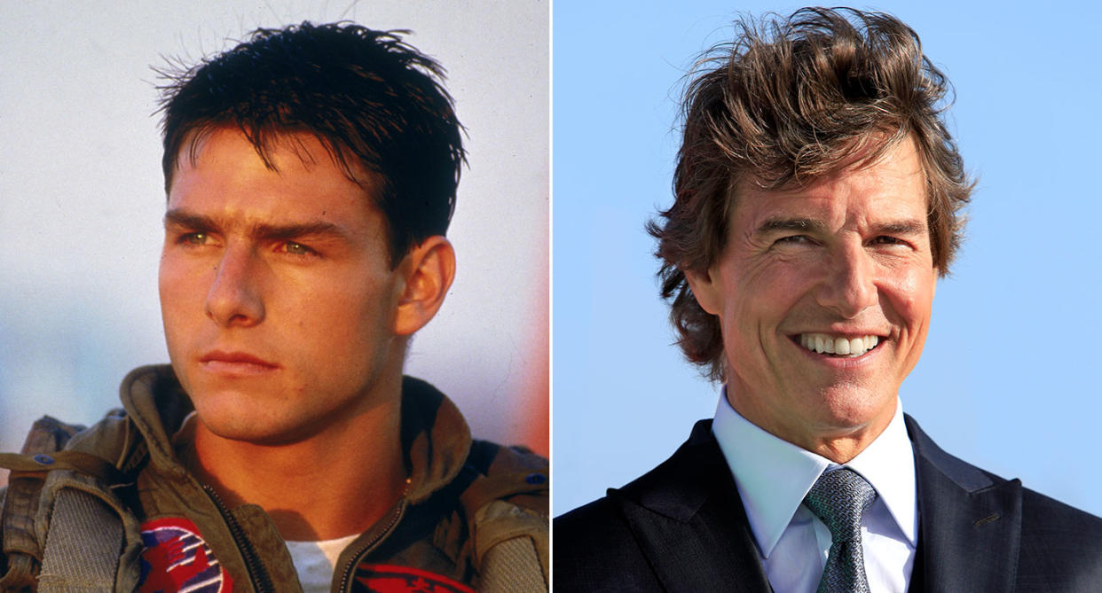 Tom Cruise pictured in 1986's Top Gun (L) and at the premiere of Top Gun: Maverick May, 2022. (Paramount/Getty Images)