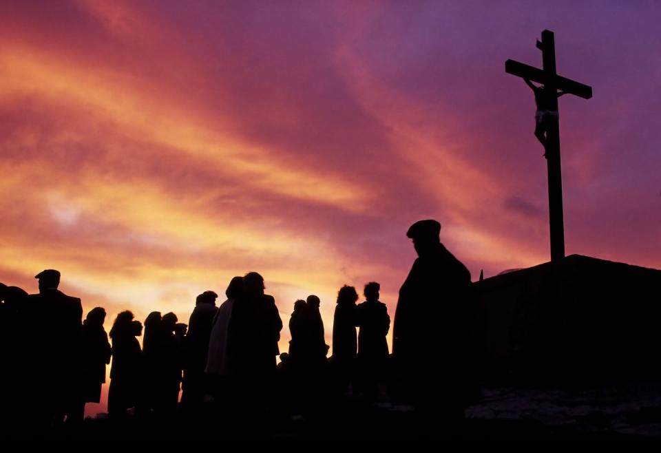 a crowd gathers at calvario in sicily on good friday