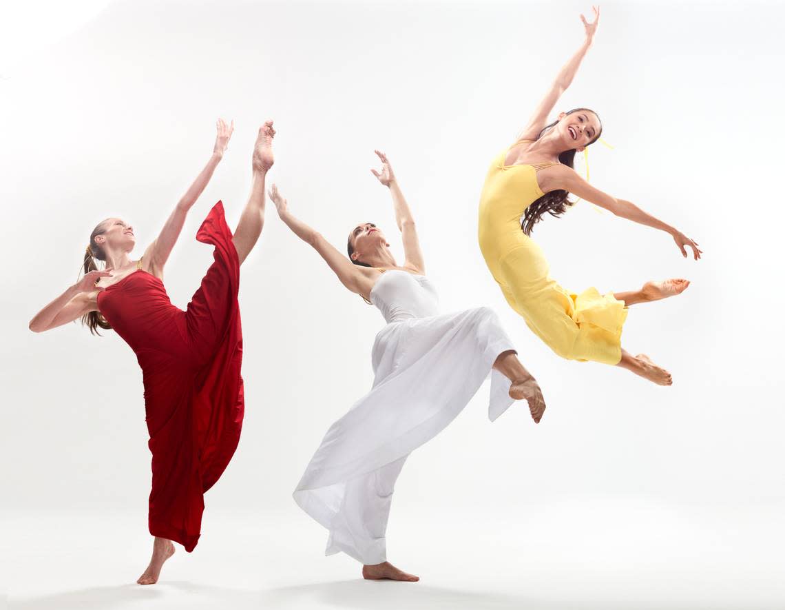 Miami City Ballet dancers Nicole Stalker, Adrienne Carter and Mayumi Enokibara in Martha Graham’s “Diversion of Angels,” one of two classics in “Modern Masters” opening on Friday, Feb. 10, at the Adrienne Arsht Center, Miami. (Photo courtesy of Gary James)