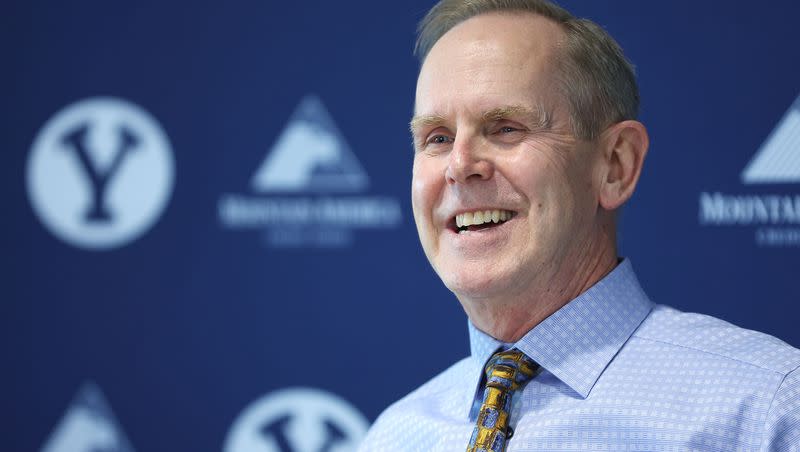 Brigham Young University athletic director Tom Holmoe is pictured at a press conference in Provo on Thursday, Jan. 27, 2022. Holmoe, known for going all-out on Halloween costumes, conjured up another winner this year.