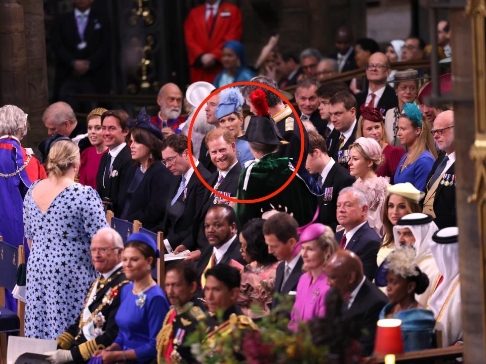 Prince Harry speaks to Princess Anne at King Charles III's coronation on May 6, 2023.