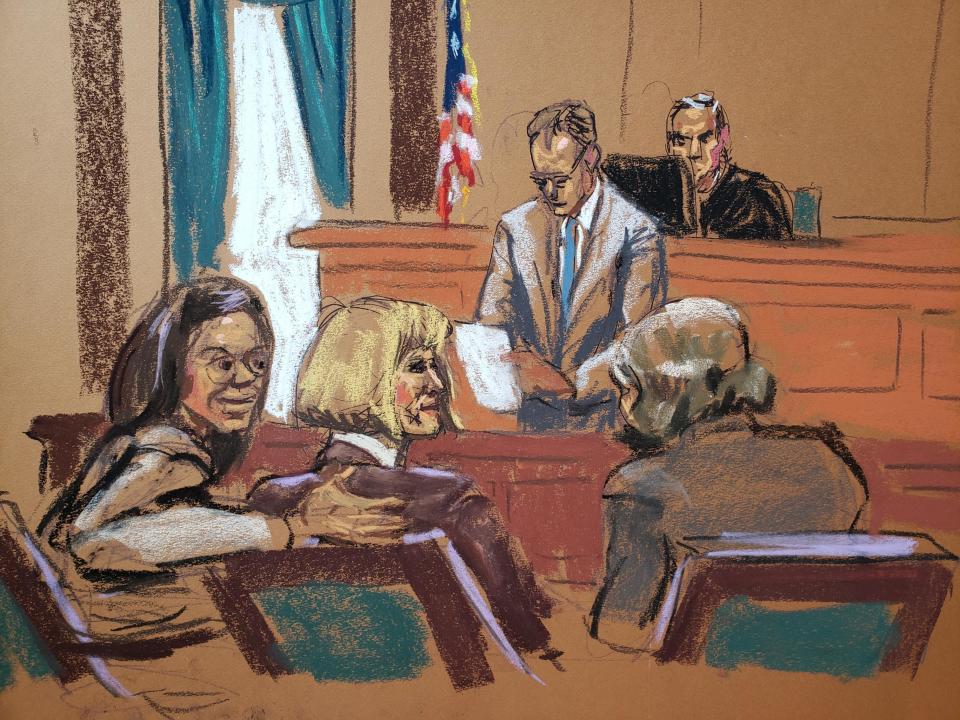 Court sketch of E. Jean Carroll and attorneys in her civil lawsuit against former President Donald Trump. / Credit: Jane Rosenberg