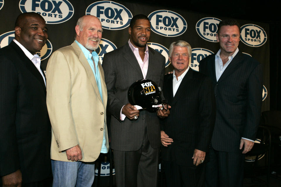 From left: Curt Menefee, Terry Bradshaw, Michael Strahan, Jimmy Johnson and Howie Long have been staples on “Fox NFL Sunday” for years. (AP)