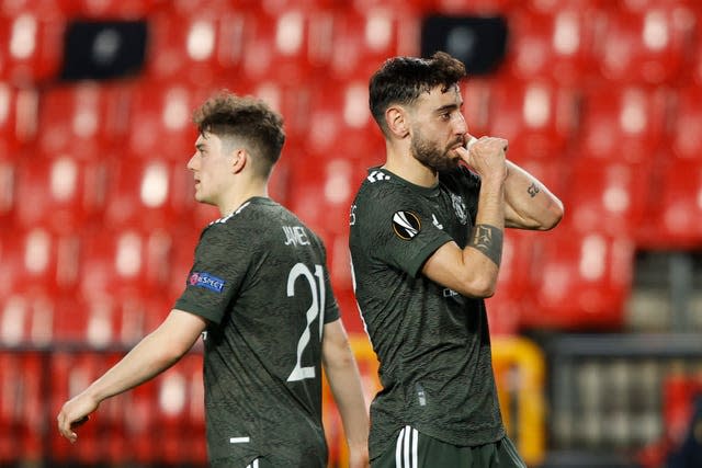 Bruno Fernandes celebrates making it 2-0 at the death