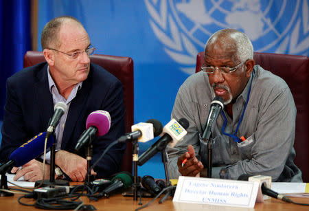 David Shearer (L), head of the United Nations Mission in South Sudan (UNMISS), and UNMISS's Human Rights Director, Eugene Nindorera address a news conference in Juba, South Sudan February 22, 2018. REUTERS/Jok Solomun