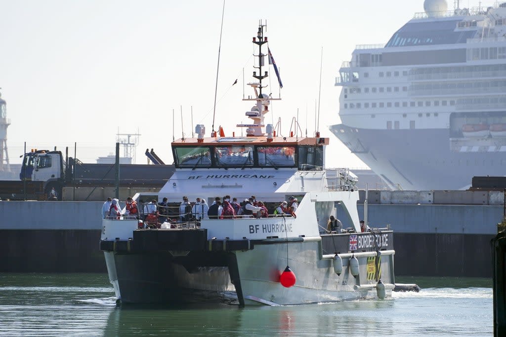 A group of people thought to be migrants are brought in to Dover, Kent, aboard a Border Force vessel following a small boat incident in the Channel. (Steve Parsons/PA) Picture date: Wednesday September 8, 2021. (PA Wire)