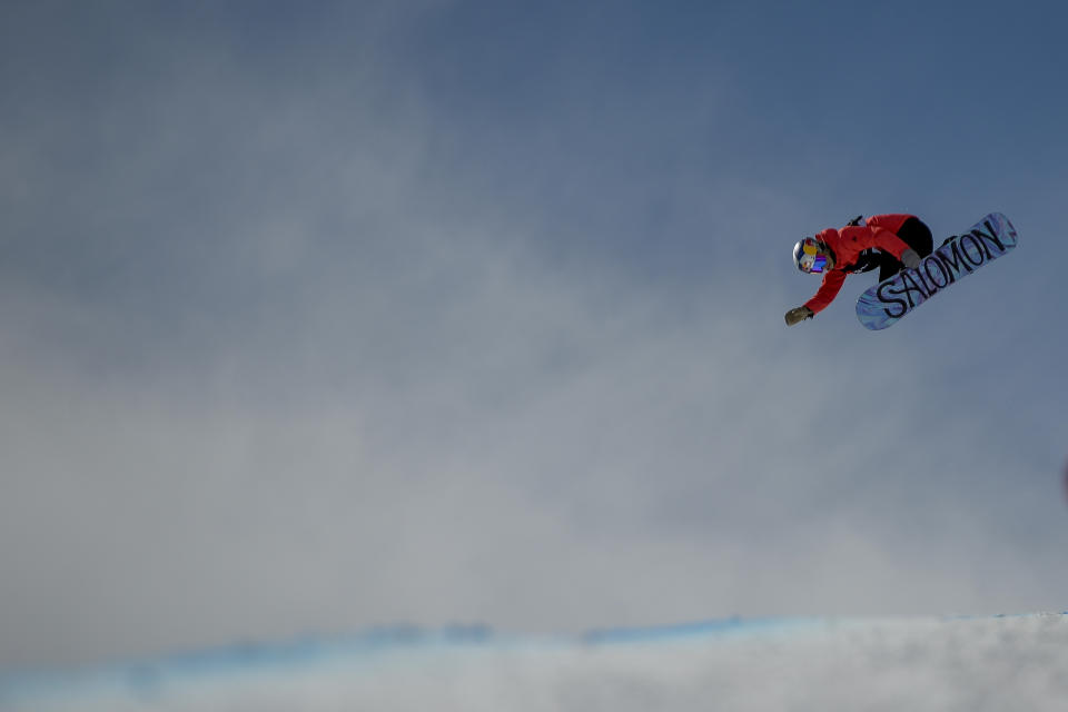 Maddie Mastro, of the United States, competes in the women's snowboard halfpipe final at the freestyle ski and snowboard world championships, Friday, Feb. 8, 2019, in Park City, Utah. (AP Photo/Alex Goodlett)