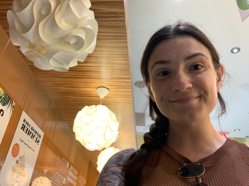 The author stands in line at Pinkberry, a frozen yogurt shop.