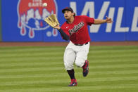 Cleveland Indians' Josh Naylor catches a ball hit by Kansas City Royals' Whit Merrifield during the fifth inning of a baseball game Tuesday, Sept. 8, 2020, in Cleveland. Merrifield was out on the play. (AP Photo/Tony Dejak)