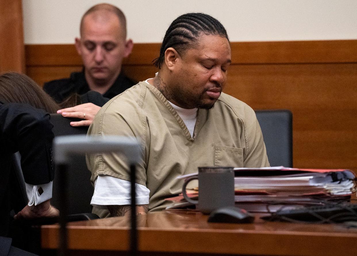 May 22, 2023; Columbus, Ohio, USA;  Antwan Robinson is visibly upset as the prosecuting attorney reads the details involving his daughter's death. Robinson pleaded guilty to several charges including involuntary manslaughter for the accidental death of his five year old daughter who shot herself with an unsecured gun in their home.