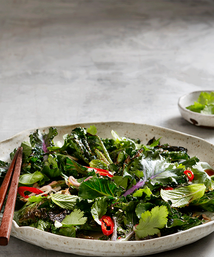 Stir-fried kalettes with chilli and fresh herbs