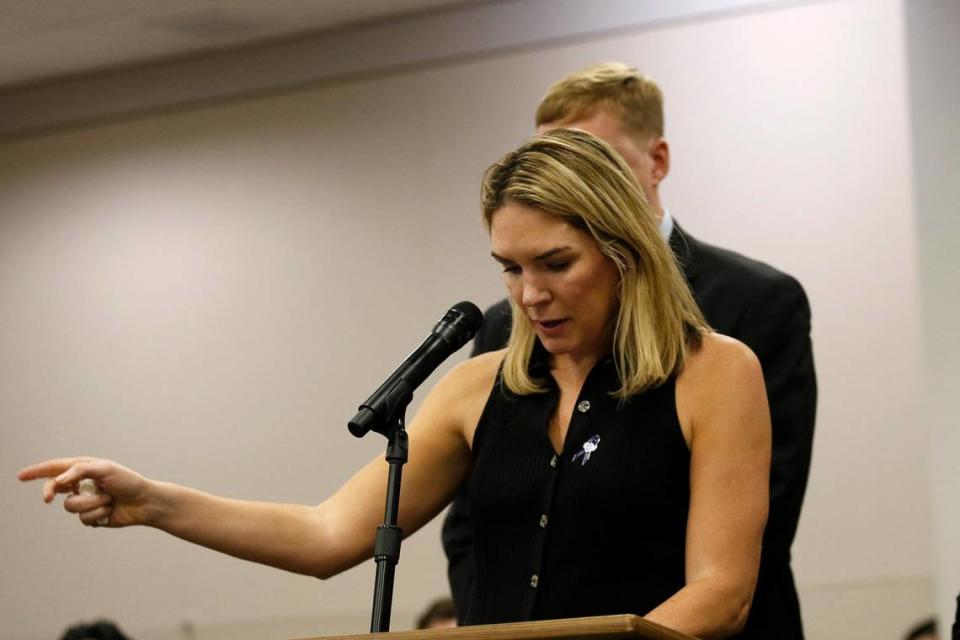 Kristin Smart’s sister Lindsey Smart speaks in court before Paul Flores was sentenced to 25 years to life in prison at Monterey County Superior Court in Salinas on March 10, 2023.