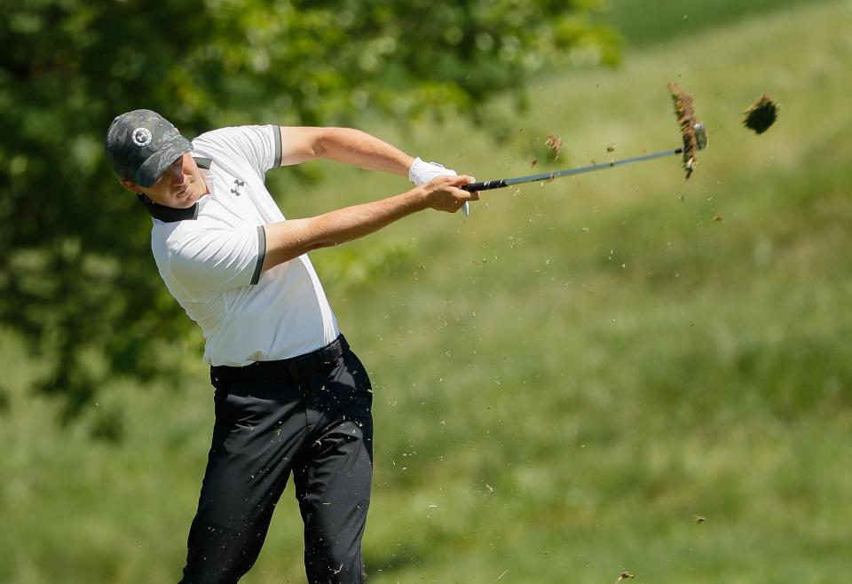 Jordan Spieth hits his second shot on 14 during the third round of the Memorial Tournament at Muirfield Village Golf Club in Dublin, Ohio on Saturday, June 5, 2021. 