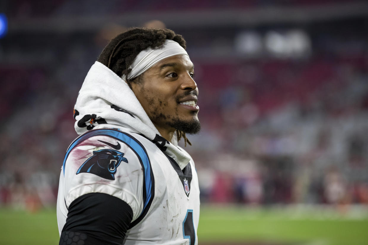 Cam Newton will start for the Carolina Panthers against the Washington Football Team. (AP Photo/Jeff Lewis)